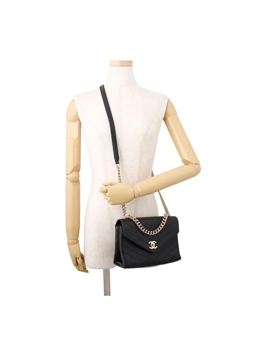 Chanel Chain Shoulder Bag Blanc CC Logo Leather Stitch Black 2-Way